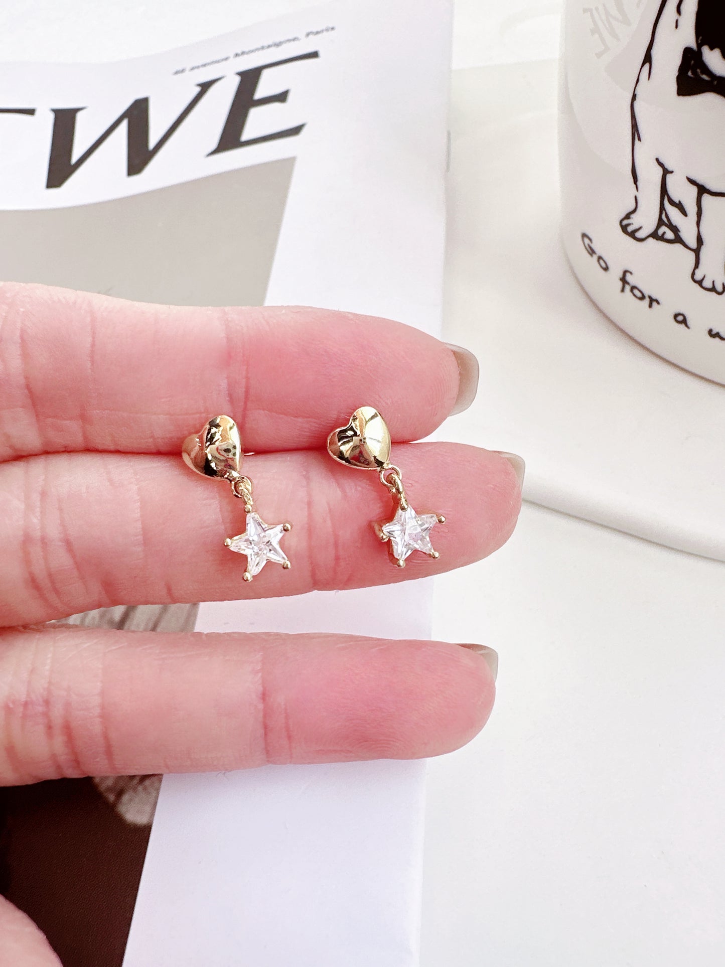 Golden Mini Heart and Zircon Star Stud Earrings