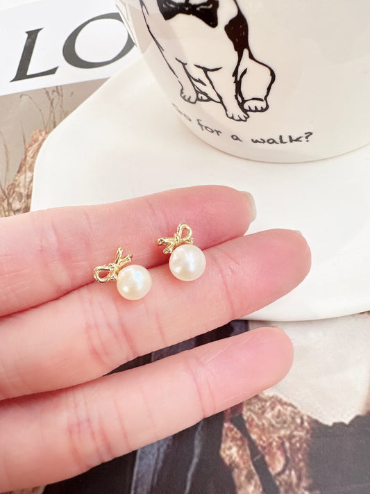 Golden Mini Bow and Pearl Stud Earrings