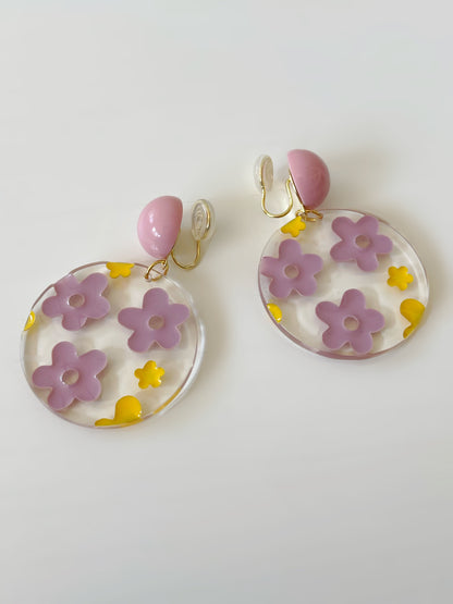 Pink Acrylic Disc Flower Clip On Earrings