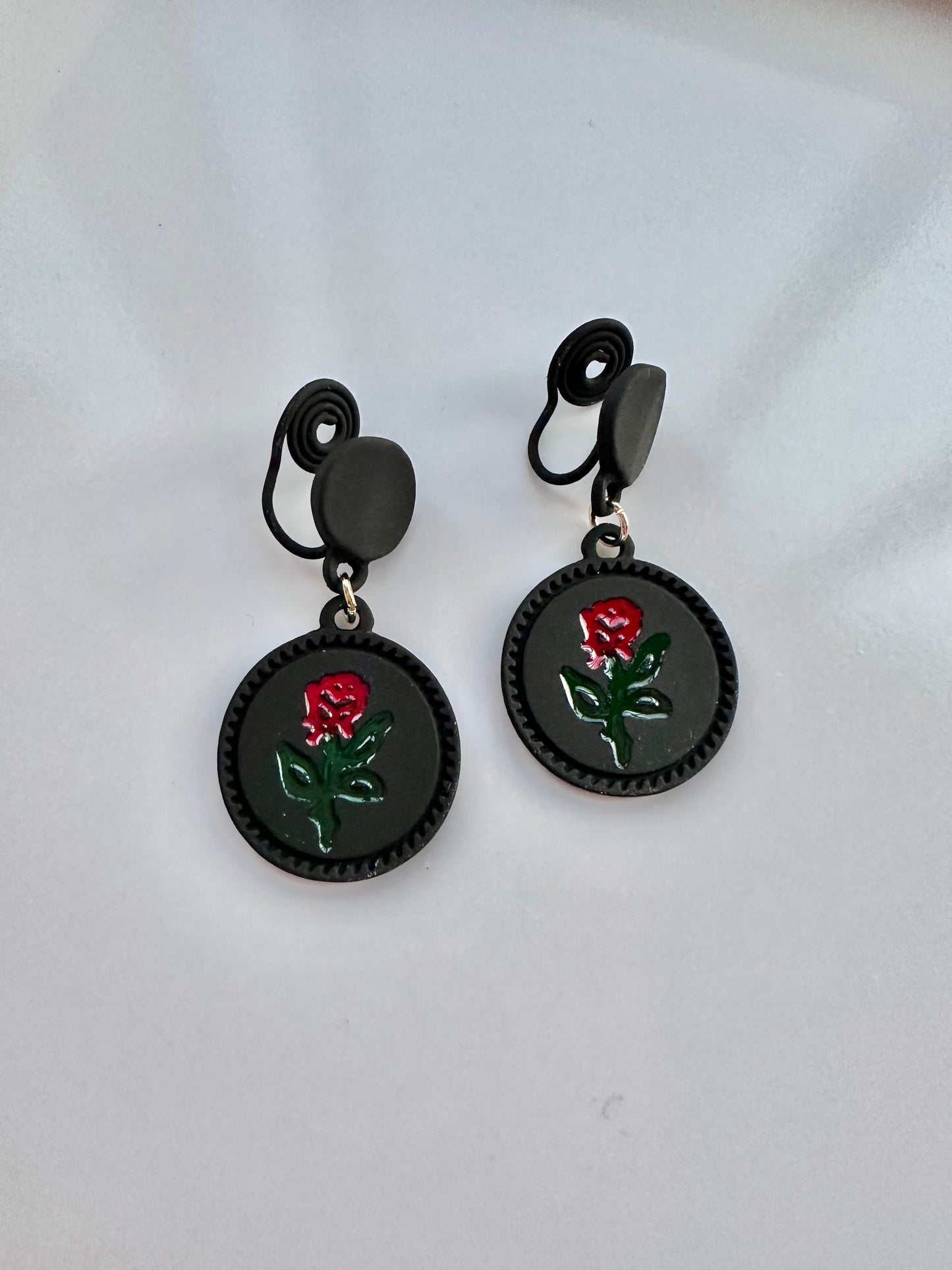 Black Round Rose Clip On Earrings