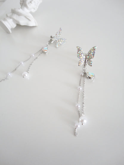 White Diamante and Pearlized Butterfly Clip On Earrings