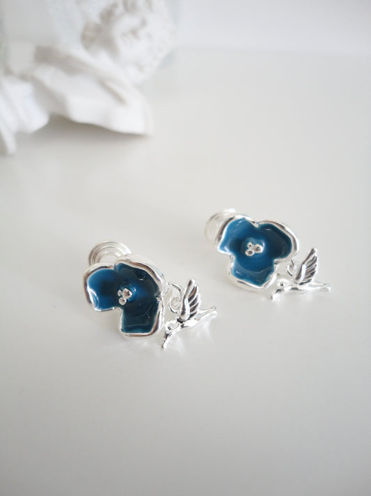 Blue Flower Silver Bird Clip On Earrings. silver-tone clip-on earrings for women.