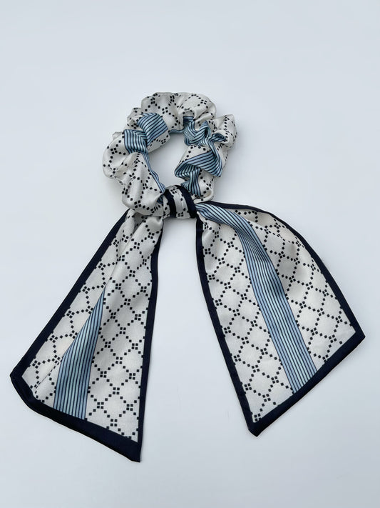 Satin Ribbon Scrunchie Grid Blue