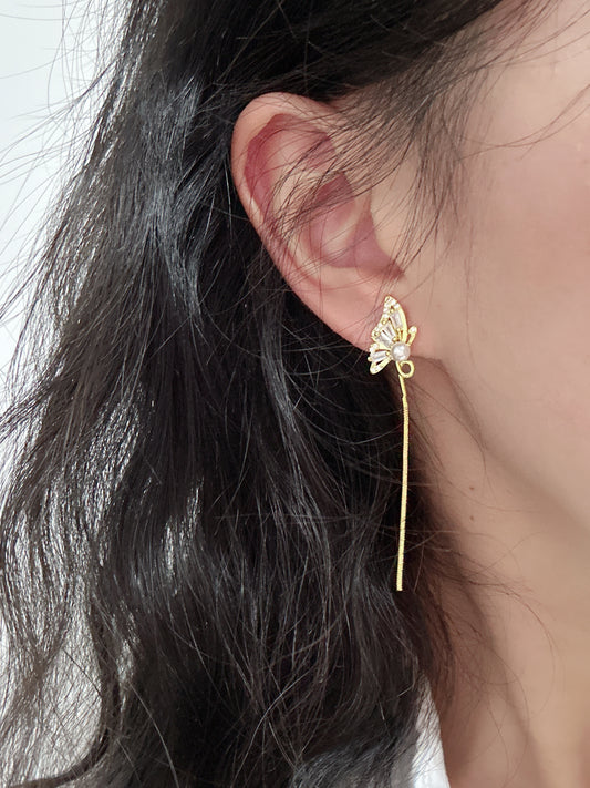 Golden Zircon Half Butterfly Long Chain Clip On Earrings