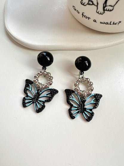 Black and Blue Butterfly Clip On Earrings