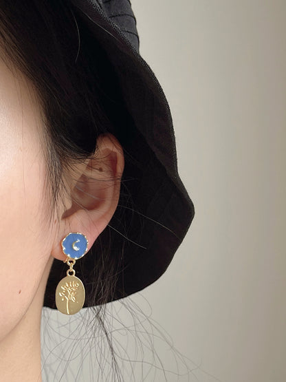 Blue Moon with Golden Rose Clip On Earrings