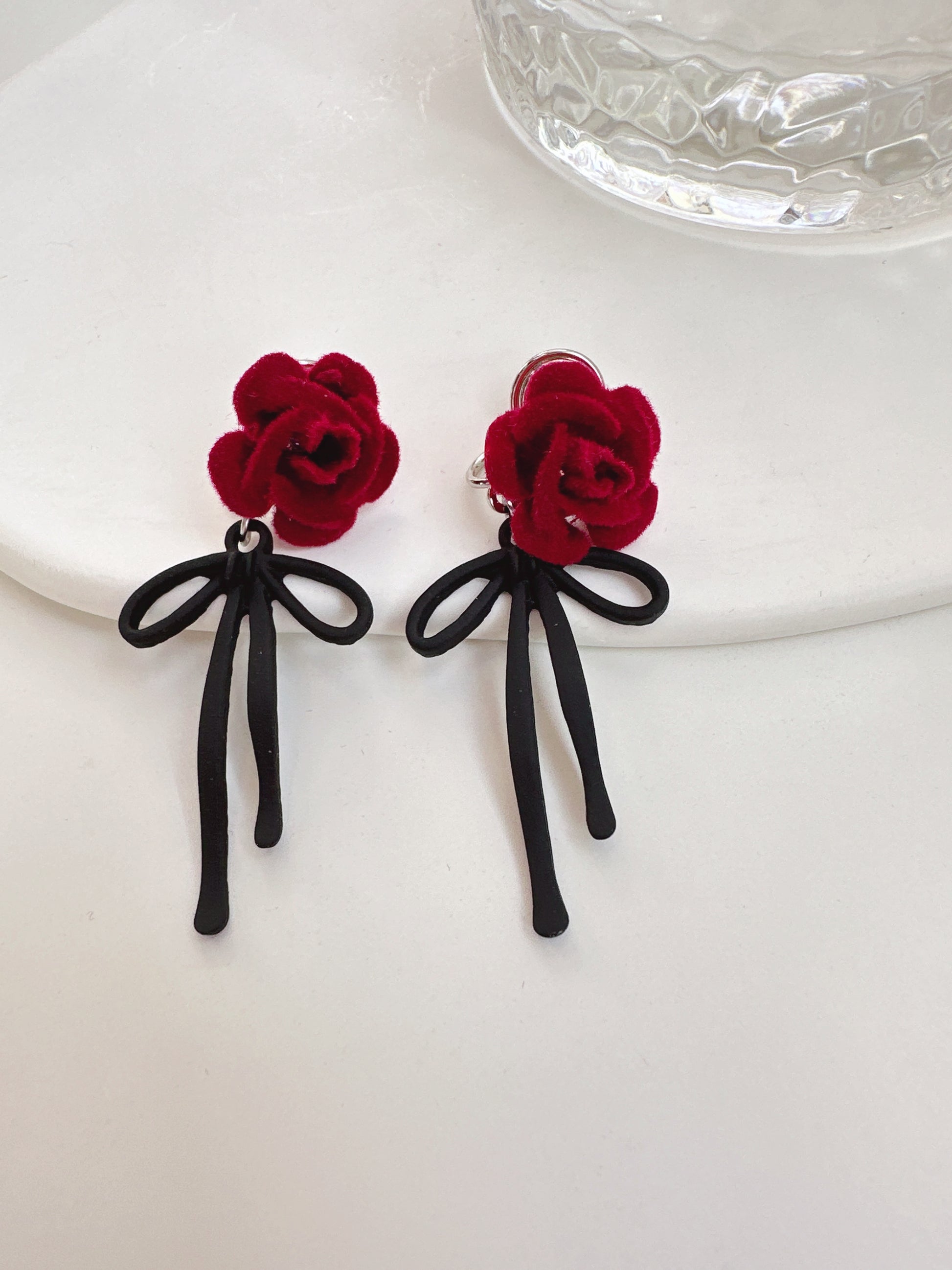 Flocking Red Flower Black Bow Clip On Earrings