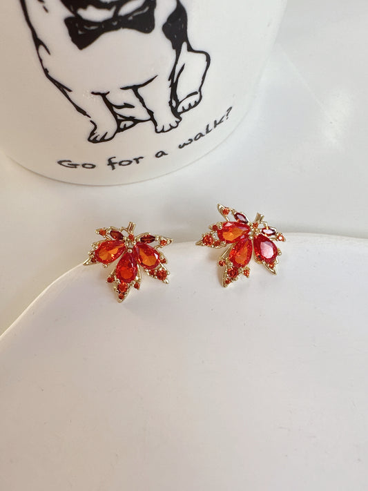 Zircon Red Maple Leaf Stud Earrings