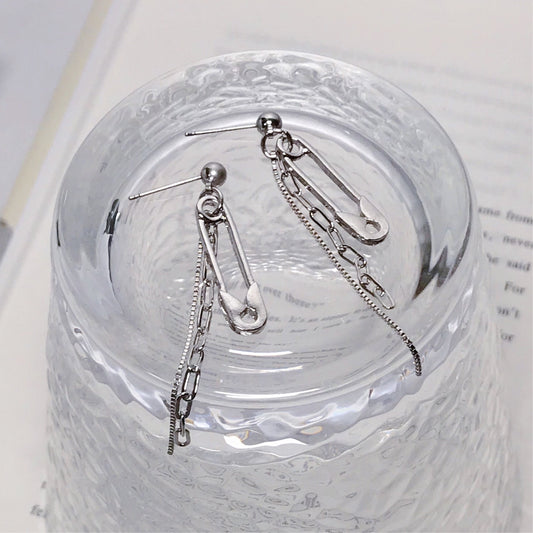 Silver Safety Pin Multi Chains Drop Earrings. silver-tone clip-on earrings for women.