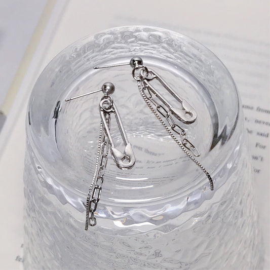 Silver Safety Pin Multi Chains Drop Earrings