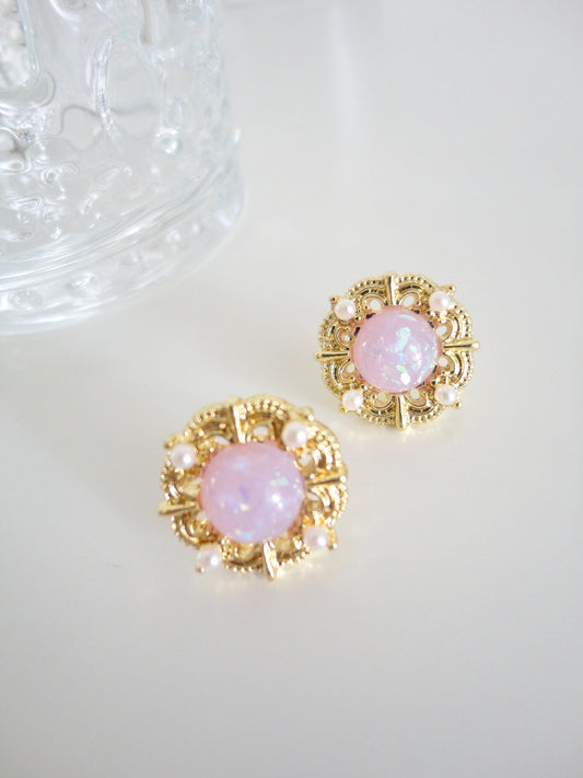 Golden Round Pearlised Pink Opal Stud Earrings