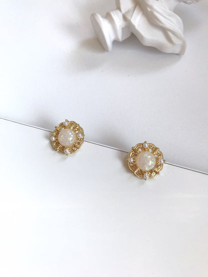 Golden Round Pearlised White Opal Stud Earrings