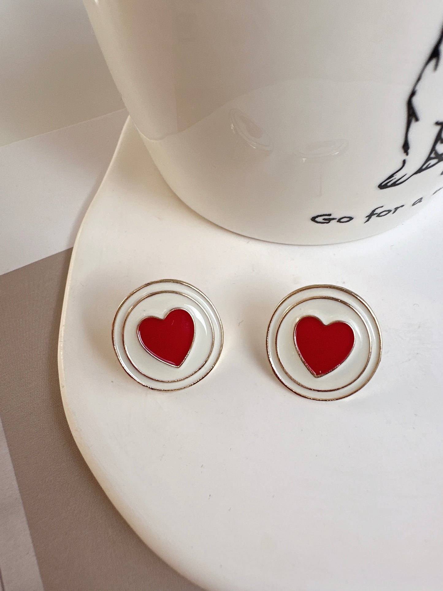 White Round Red Heart Stud Earrings. vintage clip-on earrings for women.