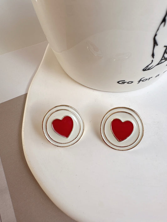 White Round Red Heart Stud Earrings