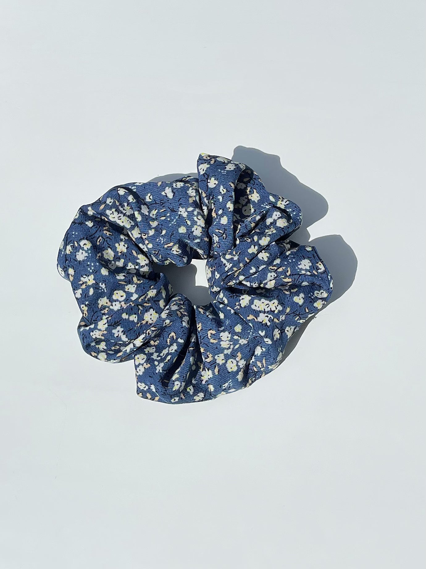 Floral Print Scrunchie Blue. Handmade clip-on earrings for women.