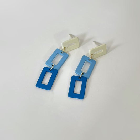 Blue Geometric Chain Drop Earrings. Handmade clip-on earrings for women.