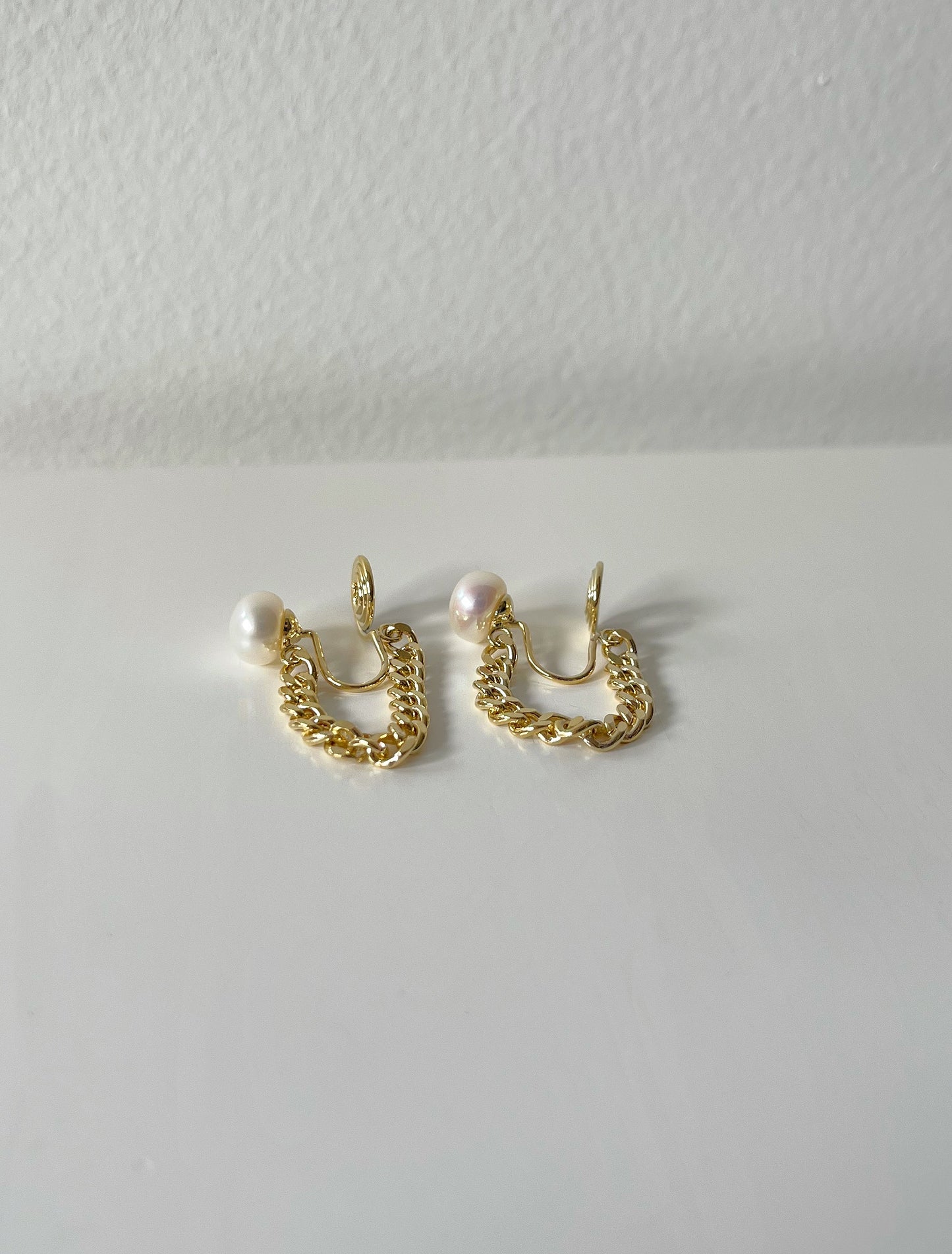 Golden Pearl with Chain Clip On Earrings