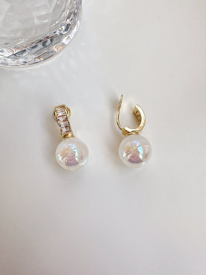 Zircon Reflective Pearl Clip On Earrings