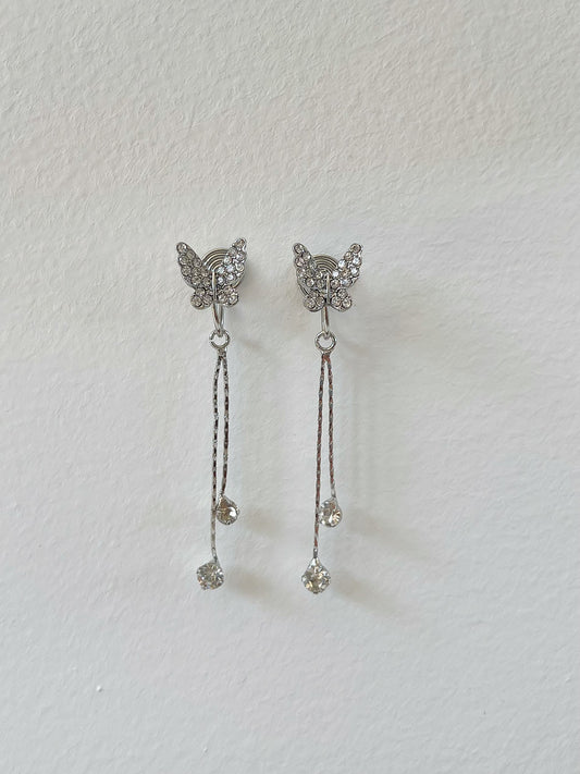 Silver Diamante Butterfly Tassel Clip On Earrings