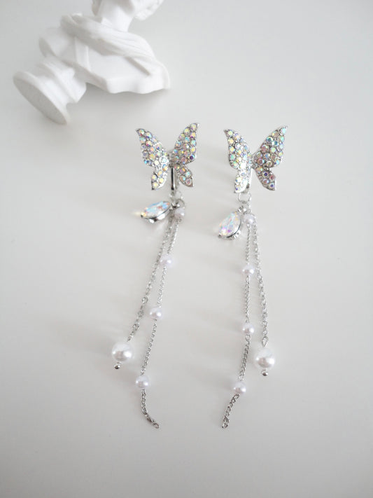 White Diamante and Pearlized Butterfly Clip On Earrings. pearl clip-on earrings for women.