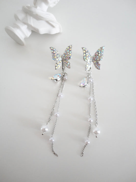 White Diamante and Pearlized Butterfly Clip On Earrings