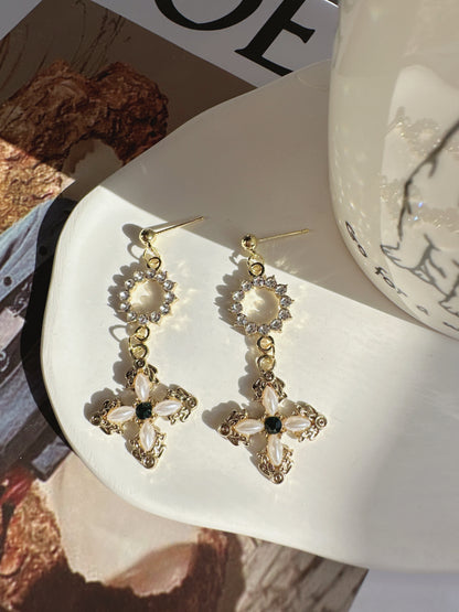 Golden Diamante Cross Drop Earrings