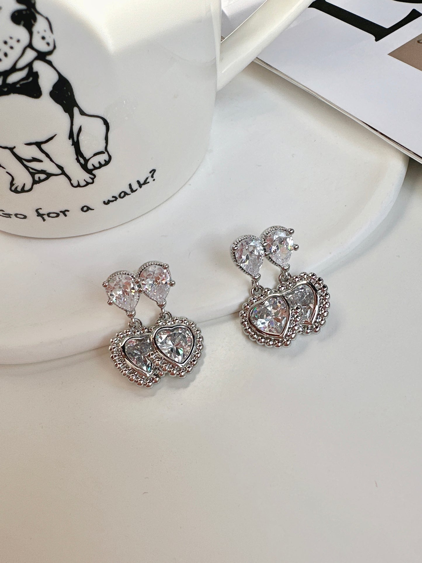 Silver Double Heart Zircon Drop Earrings