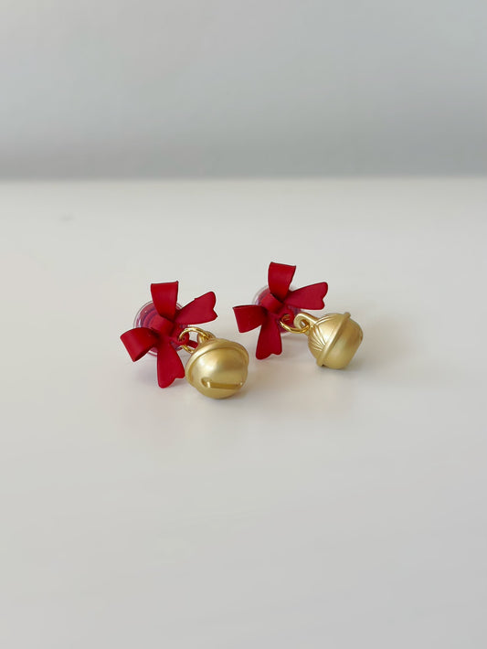 Red Bow and Bell Clip On Earrings