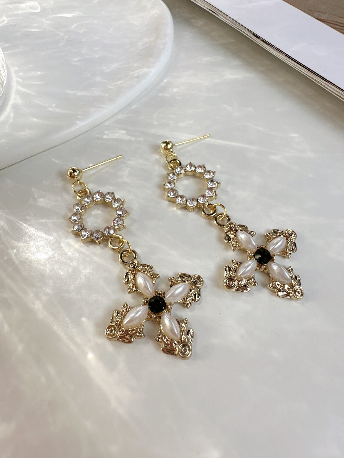 Golden Diamante Cross Drop Earrings