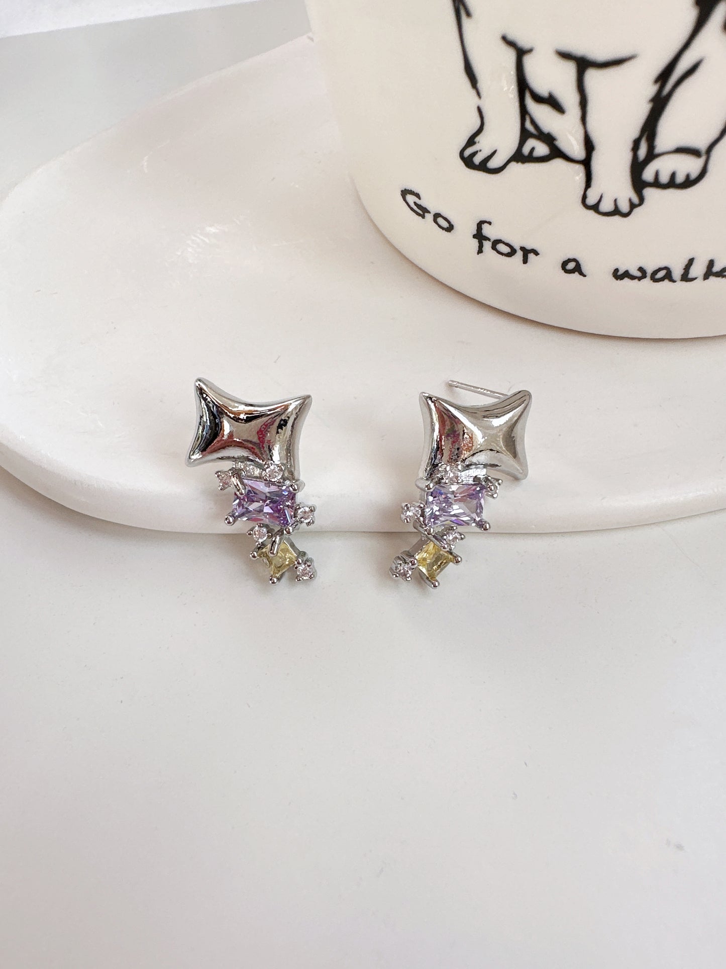 Silver Geometric Purple and Yellow Zircon Stud Earrings. silver-tone clip-on earrings for women.