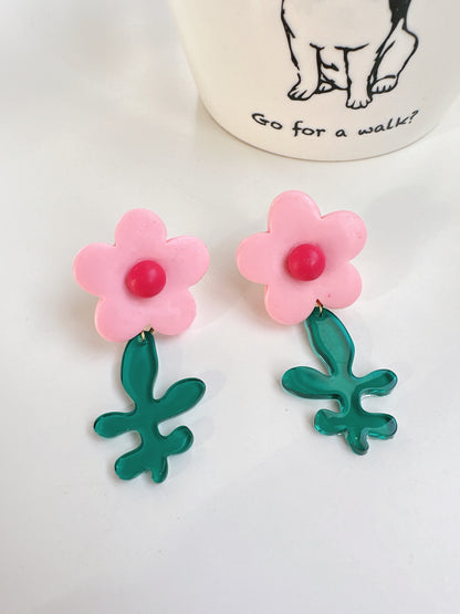 Pink Flower Drop Earrings. vintage clip-on earrings for women.