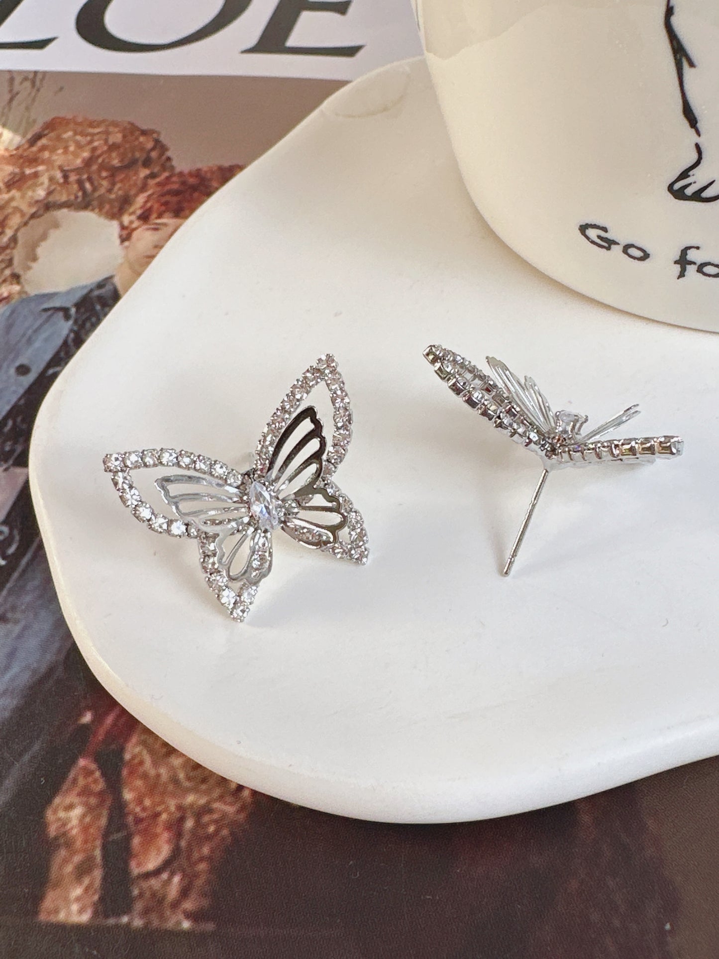 Silver Zircon Layered Butterfly Stud Earrings