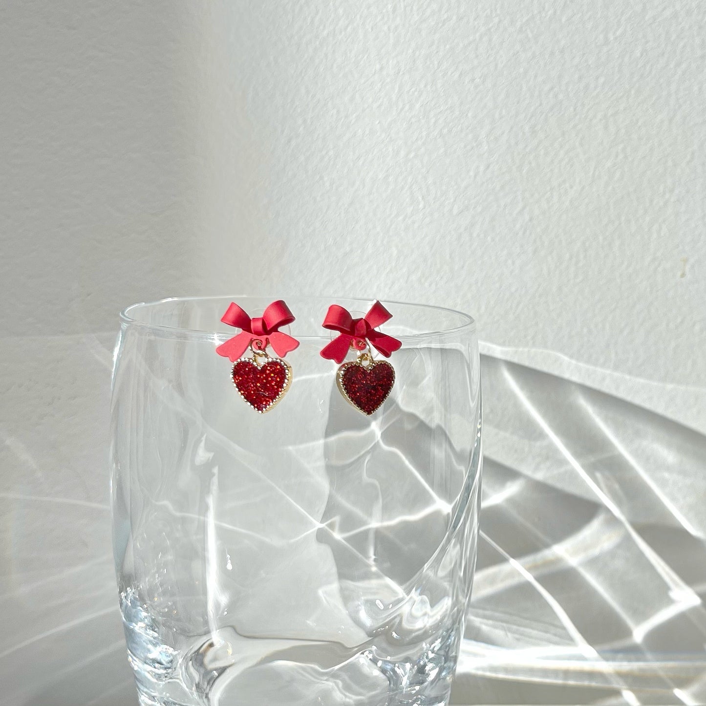 Bow with Heart Drop Earrings Red