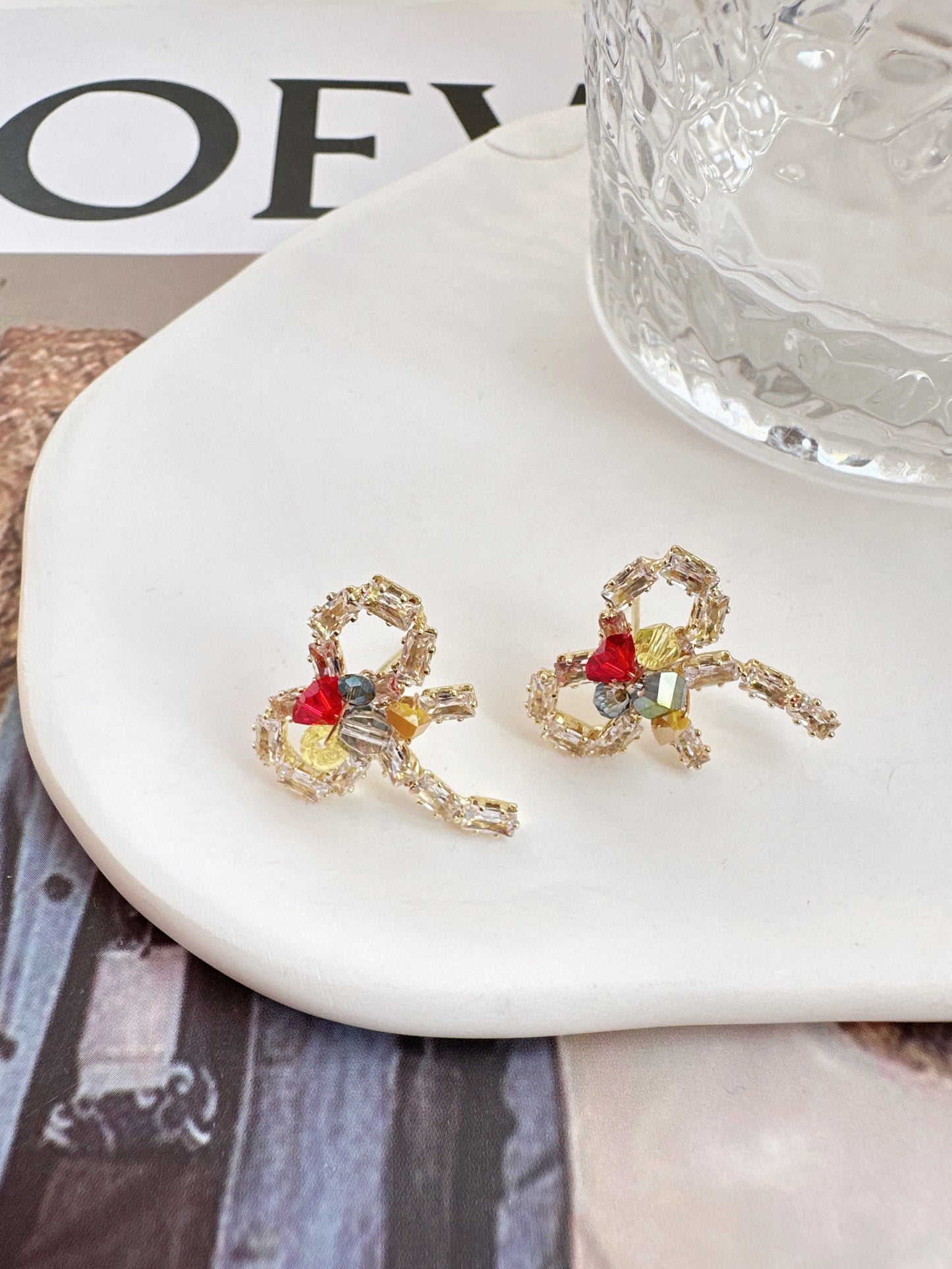 Beaded Zircon Bow Stud Earrings