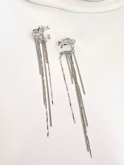 Zircon Moon Long Tassel Ear Cuffs