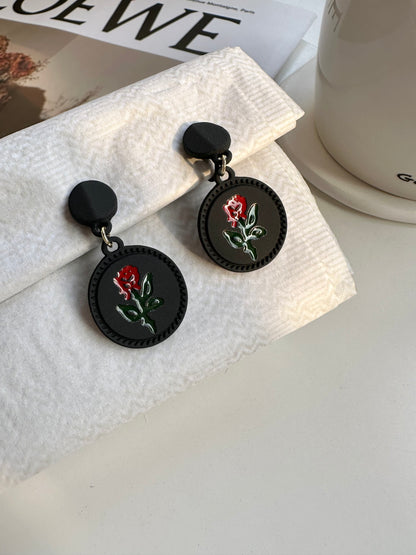 Black Round Rose Clip On Earrings. Handmade clip-on earrings for women.