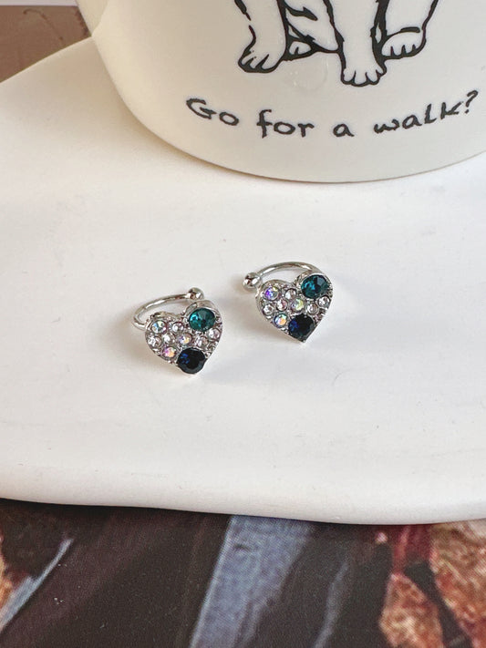 Silver Heart Blue Diamante Ear Cuffs