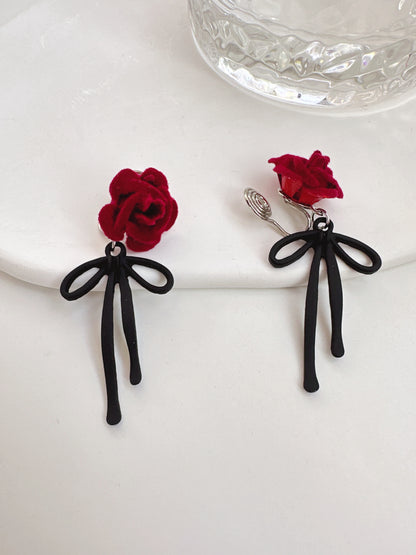 Flocking Red Flower Black Bow Clip On Earrings