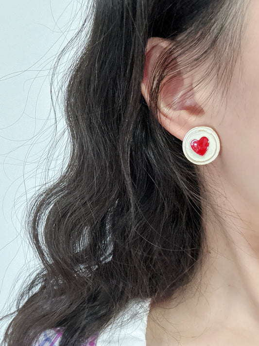 White Round Red Heart Stud Earrings