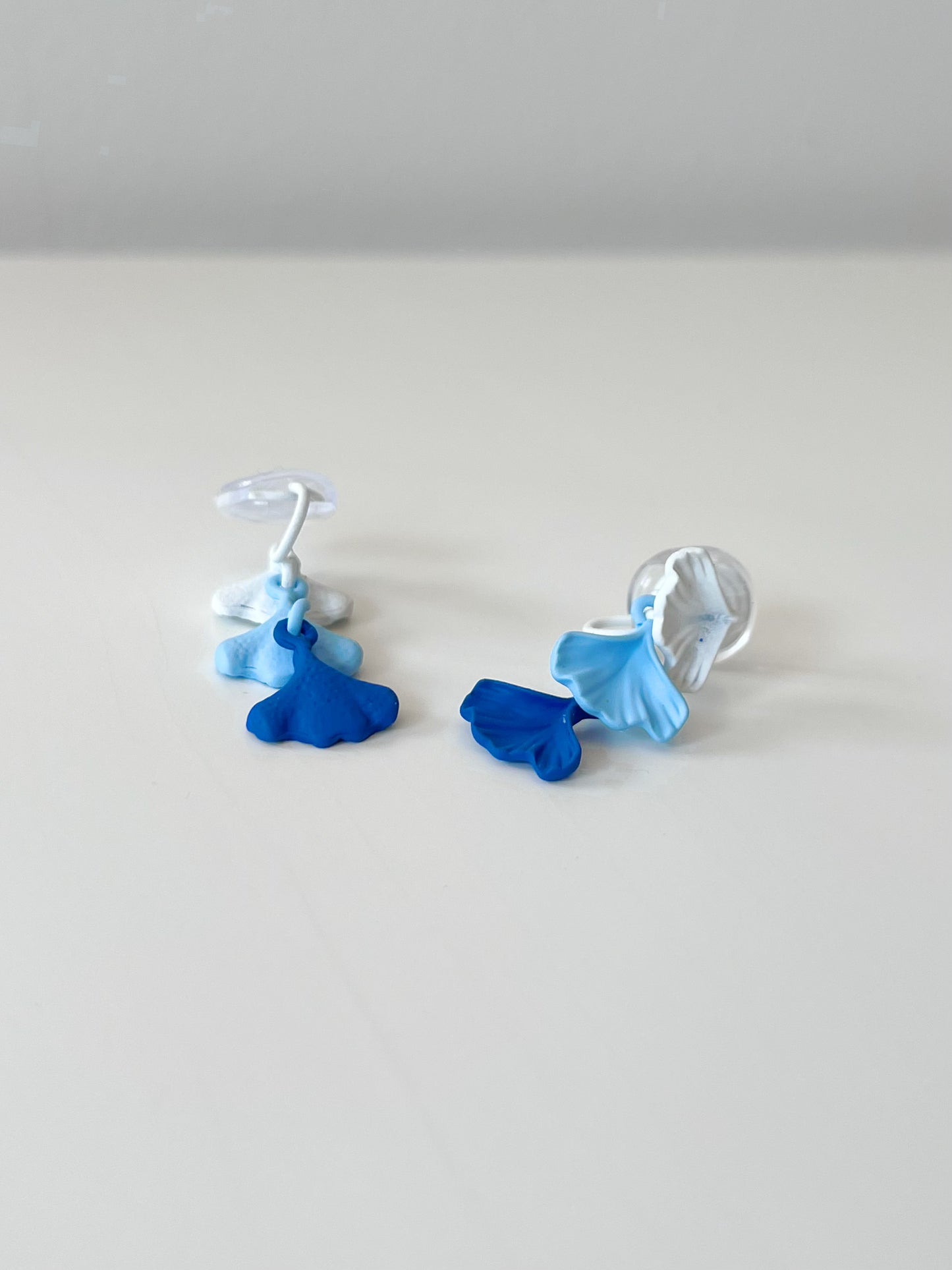 Blue and White Gingko Leaf Clip On Earrings