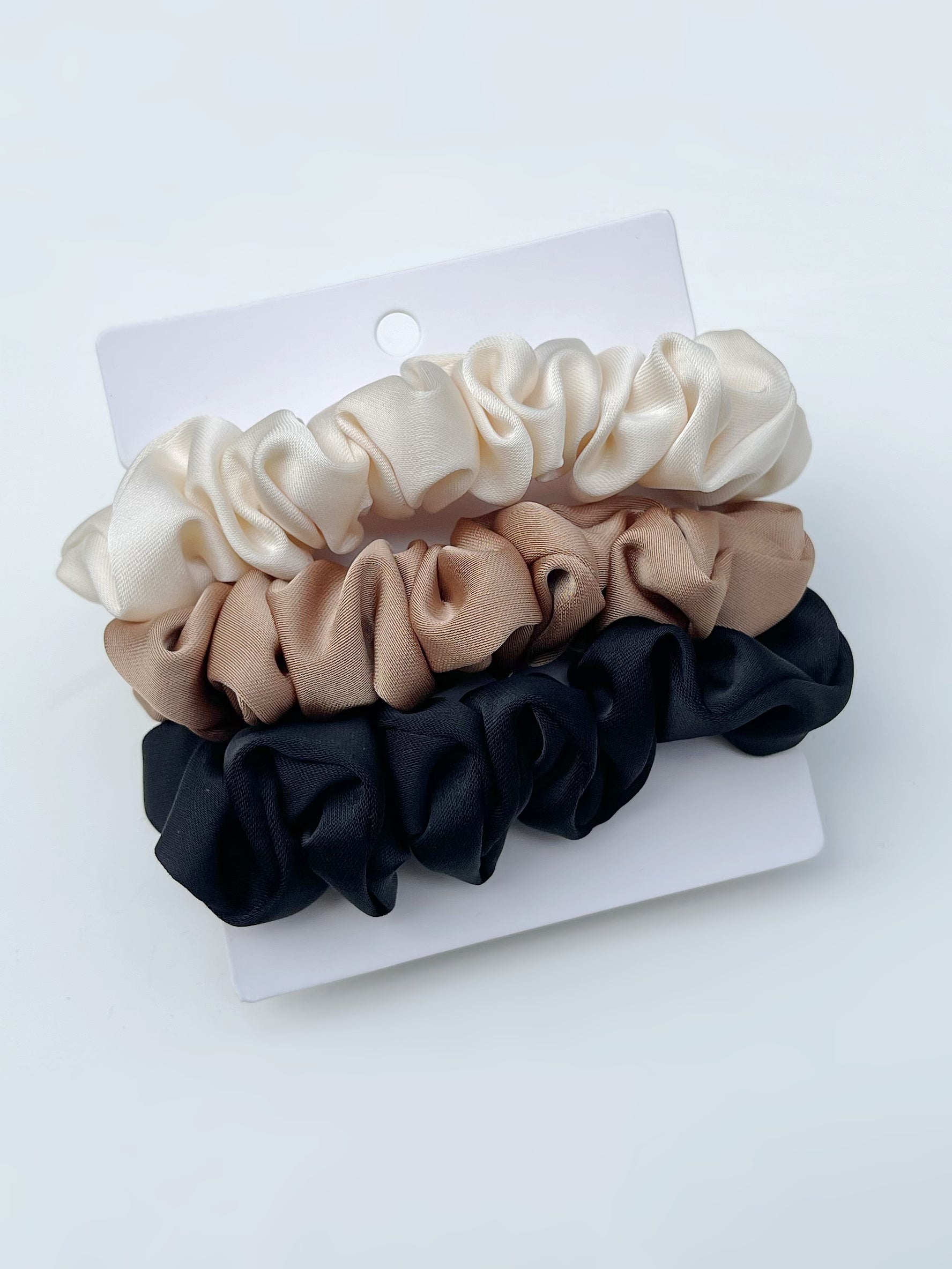 Satin Scrunchie 3-Pack B. Handmade clip-on earrings for women.