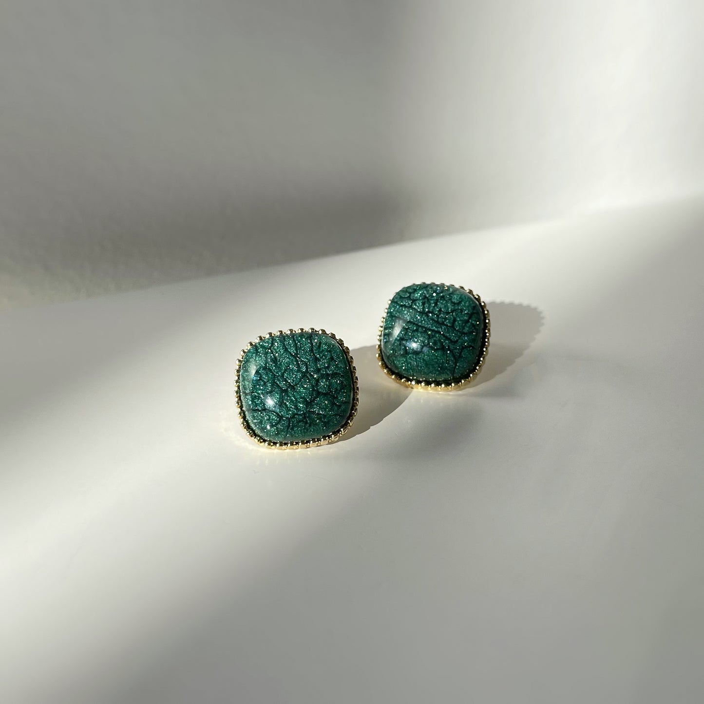 Square Classic Vintage Hemispheric Green Stud Earrings