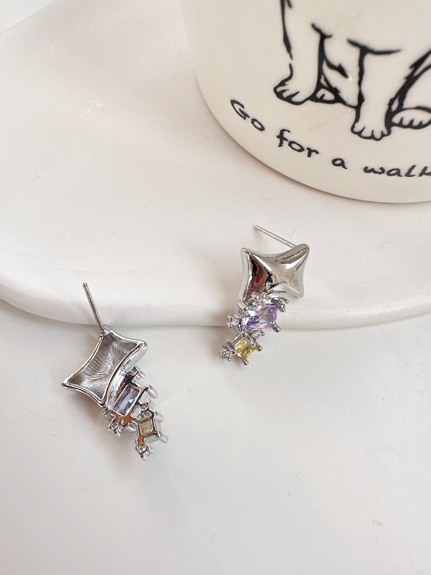 Silver Geometric Purple and Yellow Zircon Stud Earrings