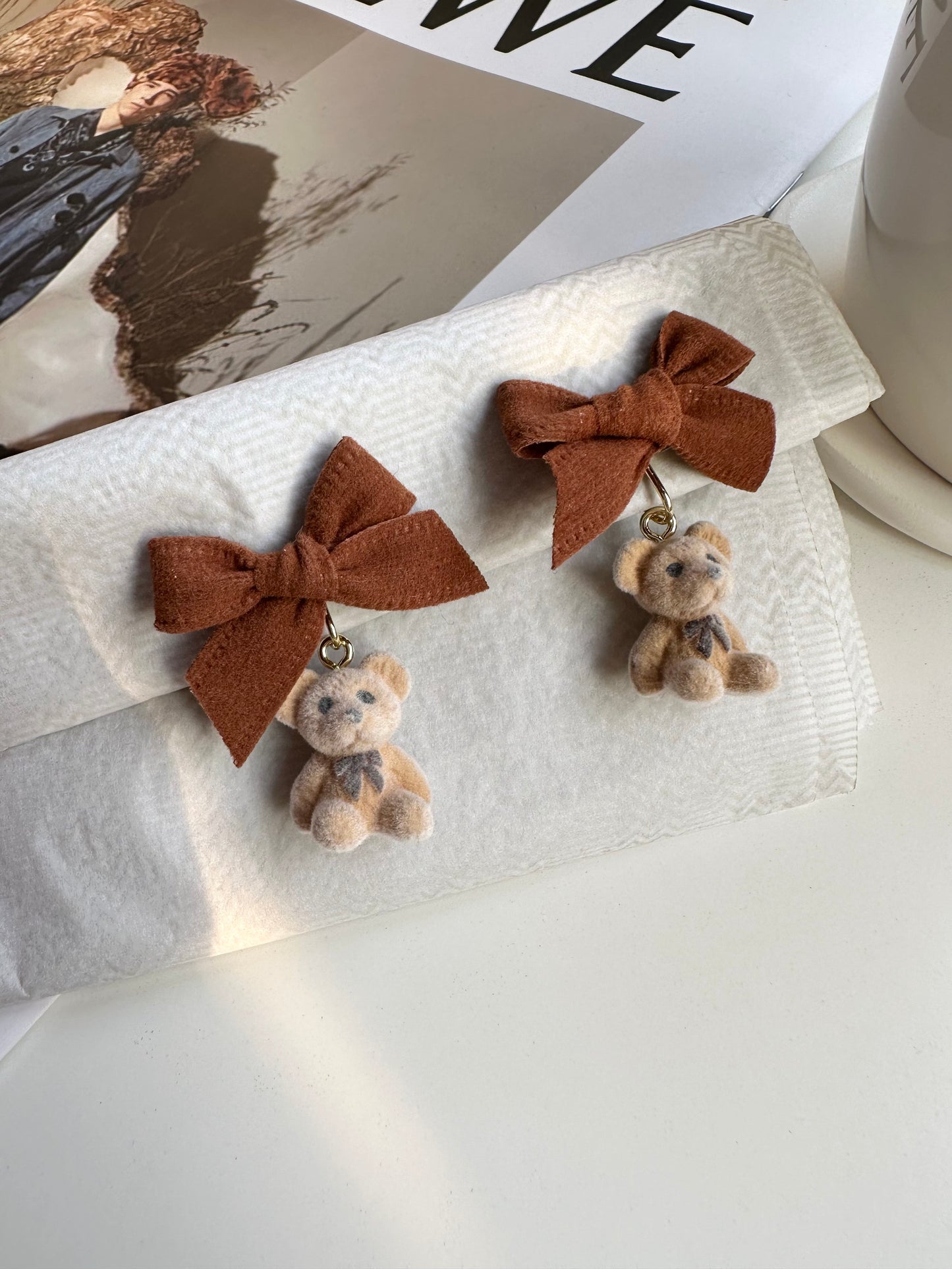 Brown Bow and Bear Clip On Earrings. Handmade clip-on earrings for women.