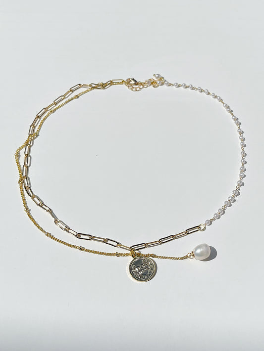 Golden Layered Coin and Pearl Necklace