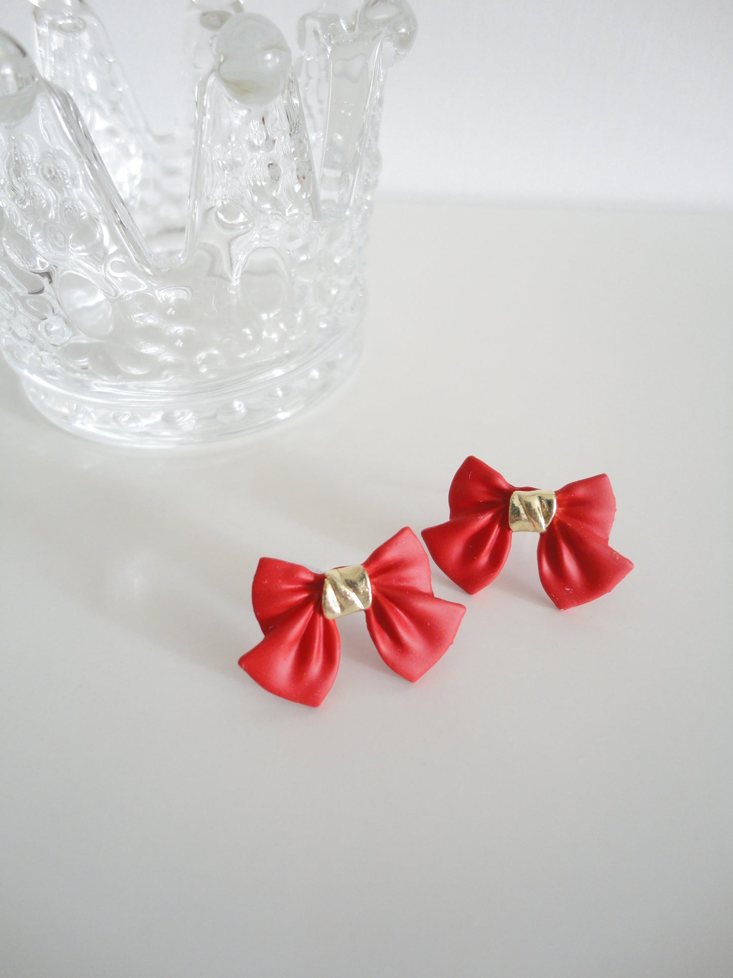 Golden Tied Red Bow Stud Earrings