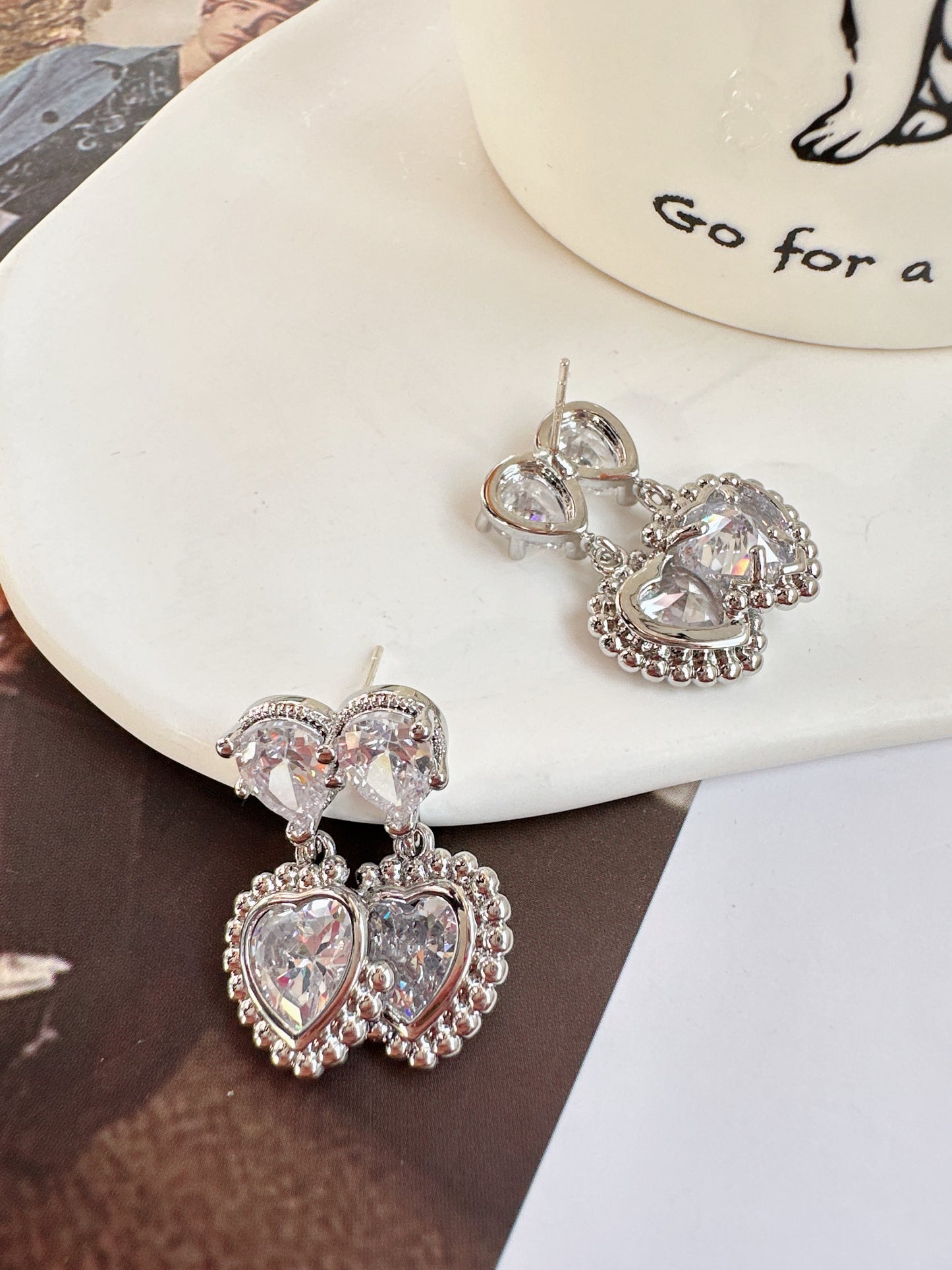 Silver Double Heart Zircon Drop Earrings