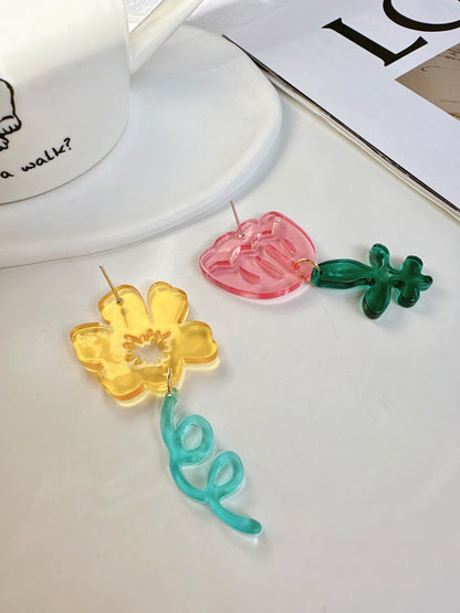 Yellow and Pink Mismatch Acrylic Flower Earrings