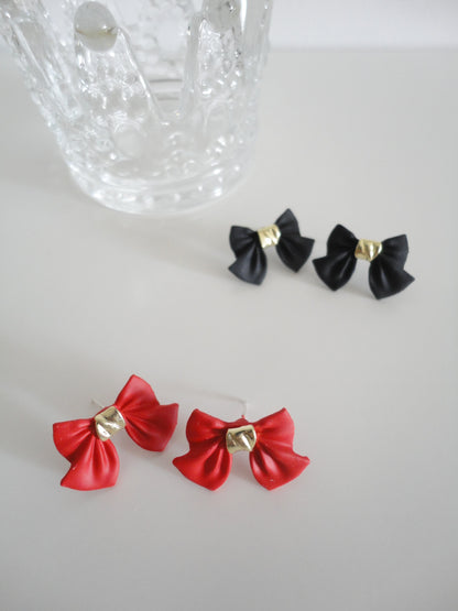 Golden Tied Red Bow Stud Earrings