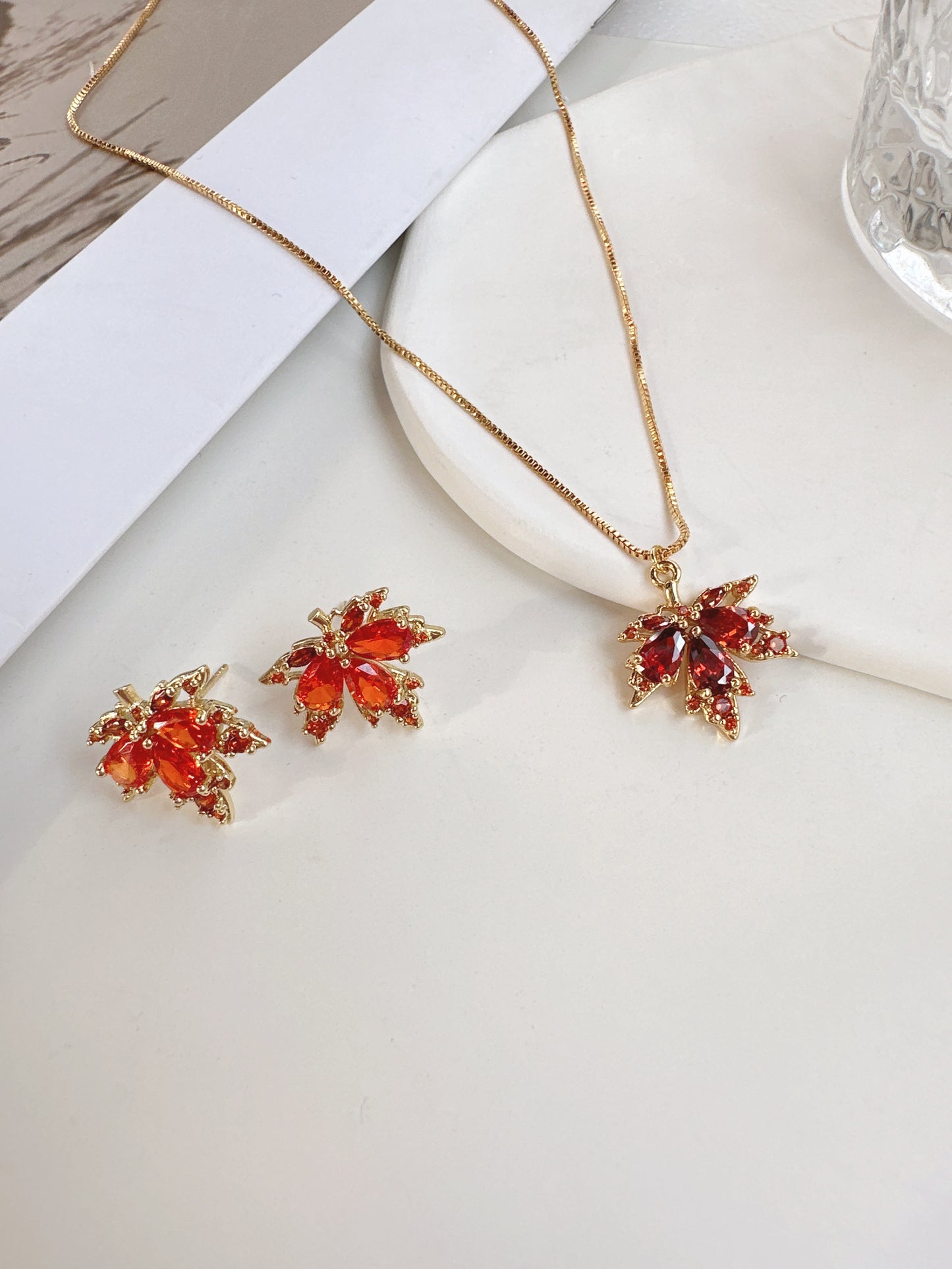 Zircon Red Maple Leaf Stud Earrings